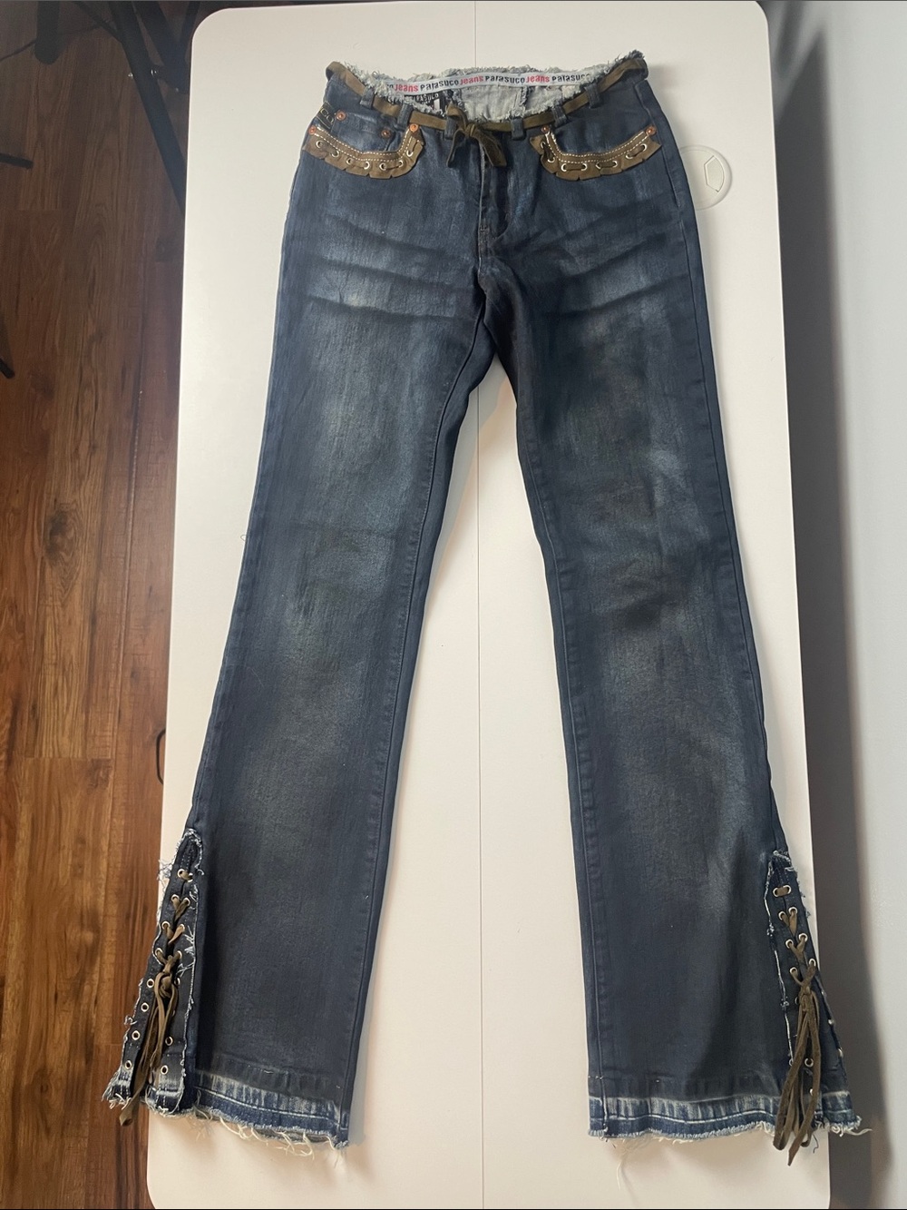 Parasuco Faded Dark Blue Flare Jeans with Lace-Up Hems
